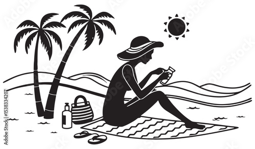 Woman relaxing on tropical beach applying sunscreen