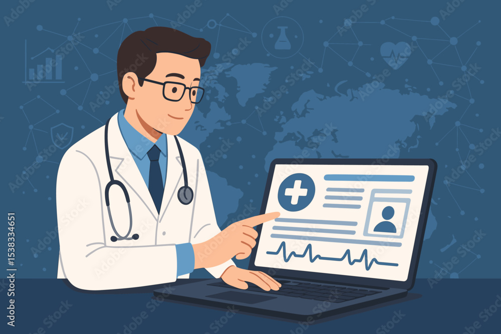 Doctor at laptop analyzing digital health record. Telemedicine concept, online medical consultation. Healthcare technology innovation, global network, electronic patient data analysis. Doctor at laptop analyzing digital health record. Telemedicine concept, online medical consultation. Healthcare technology innovation, global network, electronic patient data analysis.