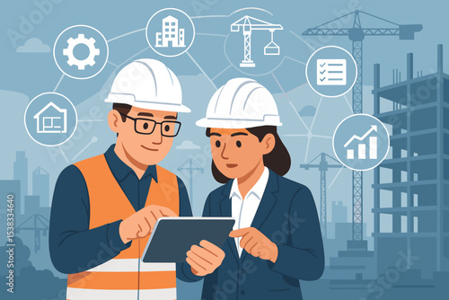 Architect and engineer with tablet on construction site. Team collaboration for building project. Concept of construction management, technology, real estate development and planning.