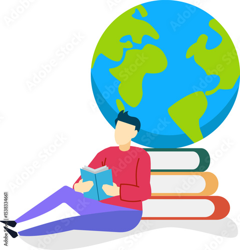 Knowledge Seeker: A solitary individual, immersed in the pages of a book, finds inspiration beneath a representation of the world, symbolizing a journey of learning.