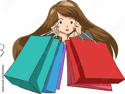 Shopping Delight: A cartoon illustration captures a cheerful woman holding colorful shopping bags, radiating joy and excitement, perfect for representing consumerism and retail themes.