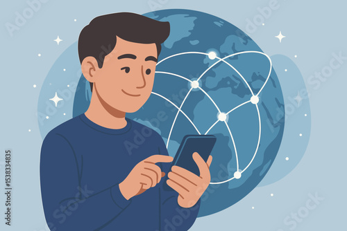 Man using smartphone for global communication. Concept of internet, worldwide network and technology. Earth globe with connection lines. Digital business, data sharing, social media.
