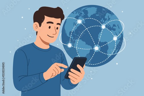 Global connectivity concept with man using phone. Worldwide communication network. Internet technology, social media, globalization, mobile business, digital connection, data exchange.