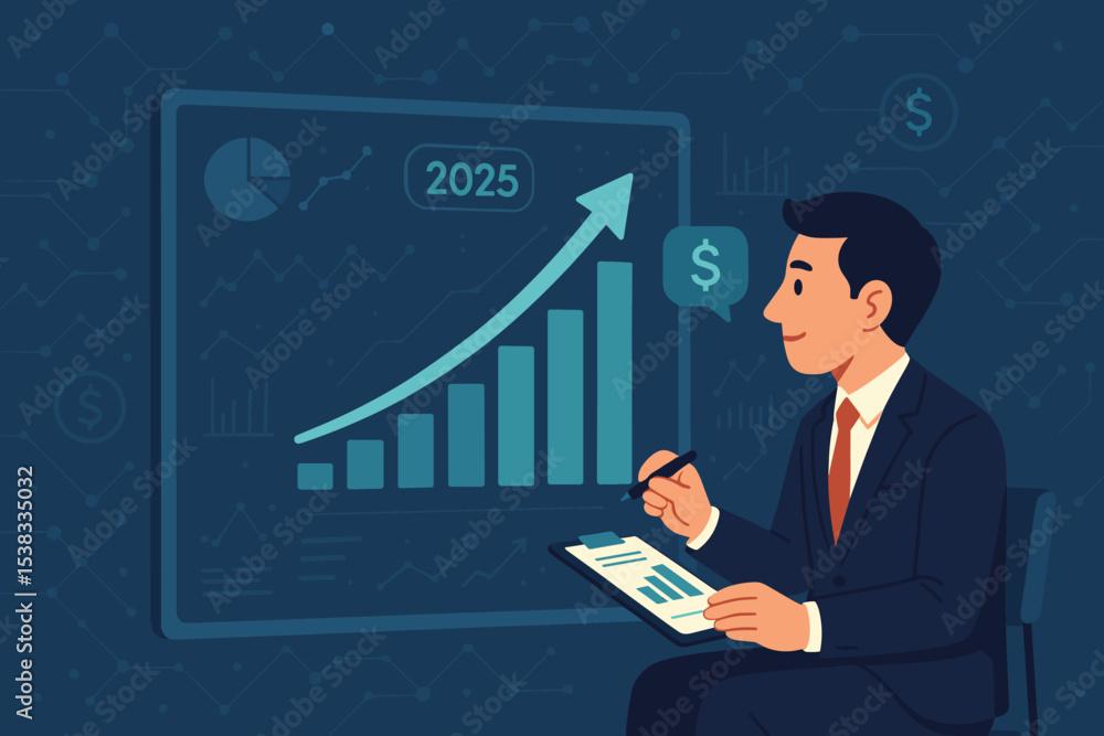 Businessman analyzing financial data for 2025. Concept of business growth, investment strategy, stock market forecast, economic success, profit report, and financial planning. Businessman analyzing financial data for 2025. Concept of business growth, investment strategy, stock market forecast, economic success, profit report, and financial planning.