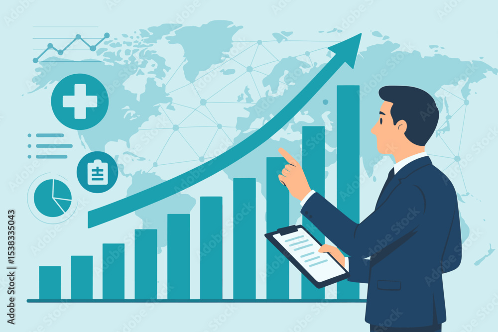 Medical business growth concept. Businessman analyzes healthcare industry statistics on bar chart. Global health market report, financial analysis, investment and economic success vector. Medical business growth concept. Businessman analyzes healthcare industry statistics on bar chart. Global health market report, financial analysis, investment and economic success vector.