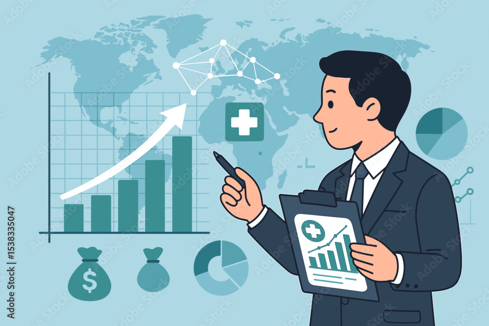 Medical business growth concept. Healthcare industry investment. Financial analyst with report and chart. Global medicine market success and economy forecast. Corporate manager. Medical business growth concept. Healthcare industry investment. Financial analyst with report and chart. Global medicine market success and economy forecast. Corporate manager.