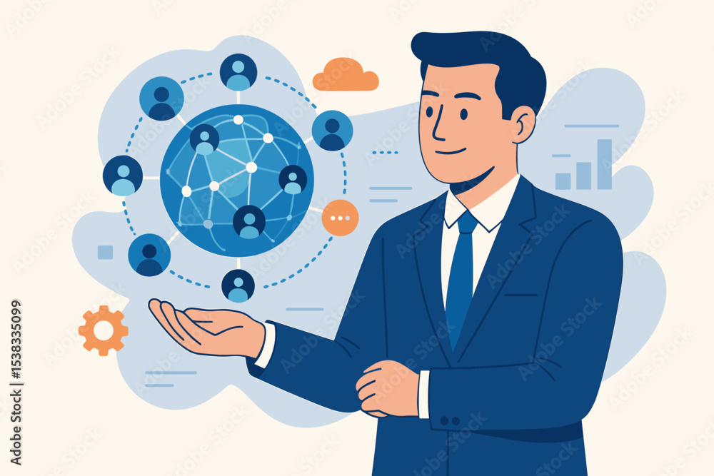 Global customer network and CRM concept. Businessman holding a digital sphere with user connections. International business strategy, data analytics, and marketing technology vector. Global customer network and CRM concept. Businessman holding a digital sphere with user connections. International business strategy, data analytics, and marketing technology vector.
