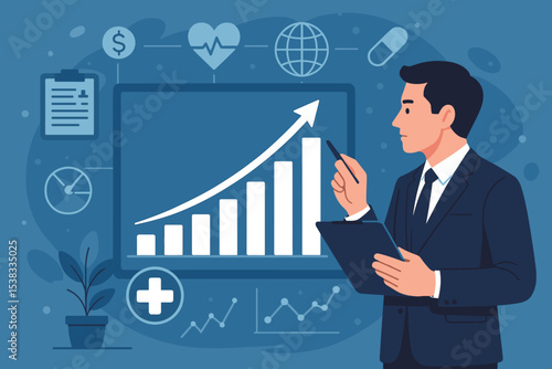 Healthcare business growth concept. Manager analyzing medical industry financial data on a chart. Doctor or executive with report on health care economics, investment and profit.