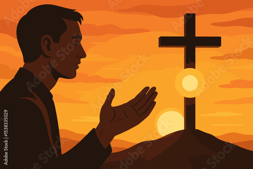 Christian religion concept with silhouette of a man praying. Cross on a hill and Eucharist host at sunset. Spiritual worship, faith, hope, salvation, and devotion to God. Vector.