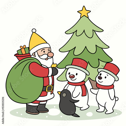 The scene presents a whimsical Christmas tableau. Santa Claus, clad in a red suit with white trim and a yellow hat, stands on the left, a large green sack overflowing with wrapped gifts slung over his