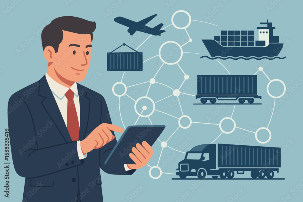 Smart logistics and supply chain management concept. Businessman with tablet controls global transport network. Cargo shipping by truck, train, ship, plane. Import export industry. Smart logistics and supply chain management concept. Businessman with tablet controls global transport network. Cargo shipping by truck, train, ship, plane. Import export industry.