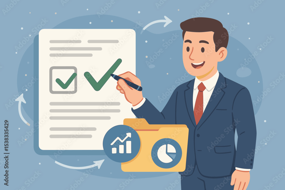 Digital approval process concept with businessman marking checklist. Corporate workflow management and task validation. Electronic document verification and data report signing. Digital approval process concept with businessman marking checklist. Corporate workflow management and task validation. Electronic document verification and data report signing.
