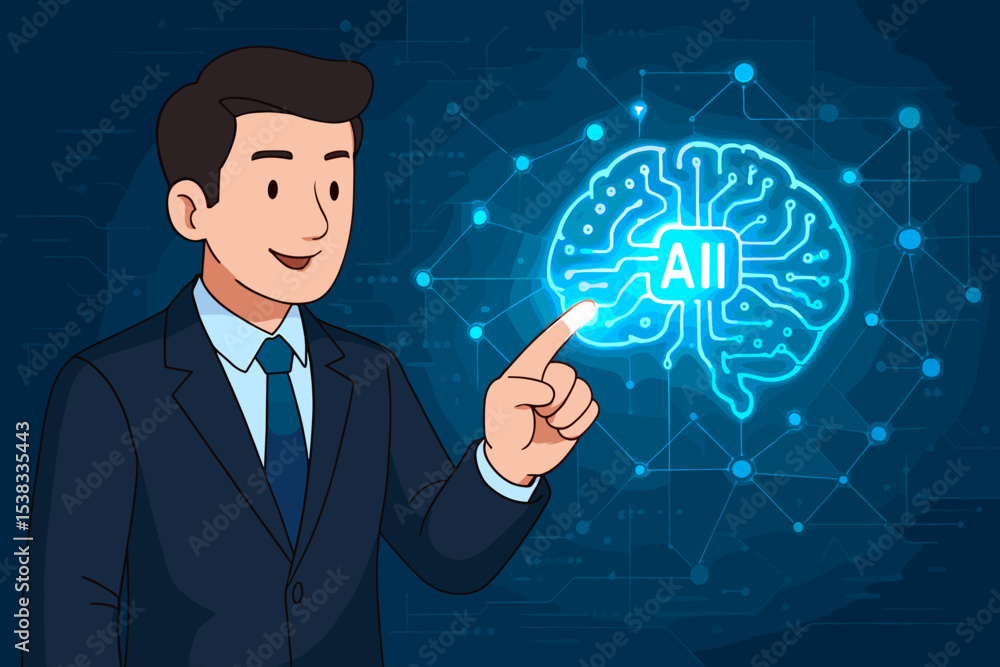 Businessman touches glowing AI brain. Artificial intelligence, machine learning, and neural network concept. Futuristic technology, innovation, and digital business solutions vector illustration. Businessman touches glowing AI brain. Artificial intelligence, machine learning, and neural network concept. Futuristic technology, innovation, and digital business solutions vector illustration.
