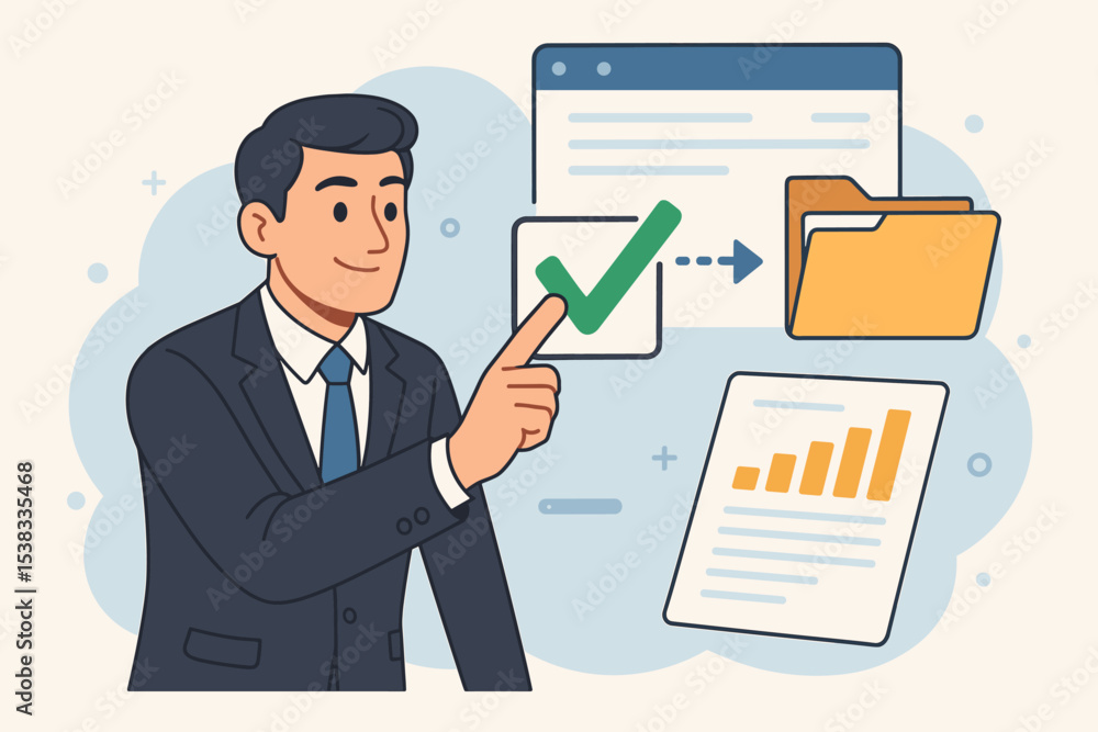 Businessman managing digital approval process. Workflow automation with online confirmation. Manager verifying document, checkmark for success. Task management and data analysis report. Businessman managing digital approval process. Workflow automation with online confirmation. Manager verifying document, checkmark for success. Task management and data analysis report.