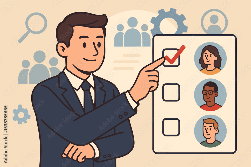 Human resources management vector illustration. HR manager choosing best candidate for a job vacancy. Recruitment, headhunting and staffing concept. Employer making a hiring decision. Human resources management vector illustration. HR manager choosing best candidate for a job vacancy. Recruitment, headhunting and staffing concept. Employer making a hiring decision.