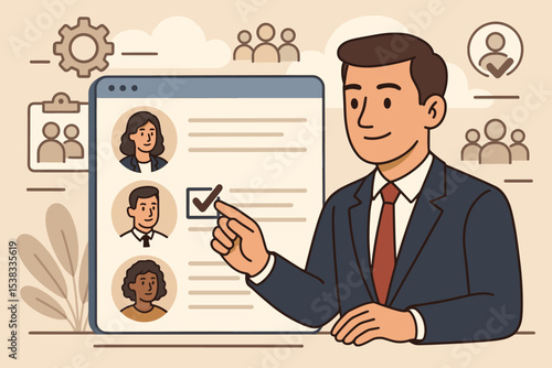HR management vector concept. Recruiter choosing a job candidate from an online list of applicants. Hiring process and employment illustration. Headhunter selecting a new employee.