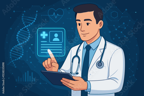 Doctor using a tablet with a futuristic medical interface. Concept of digital healthcare, telemedicine, electronic health record, genetic research, and modern diagnostics innovation.