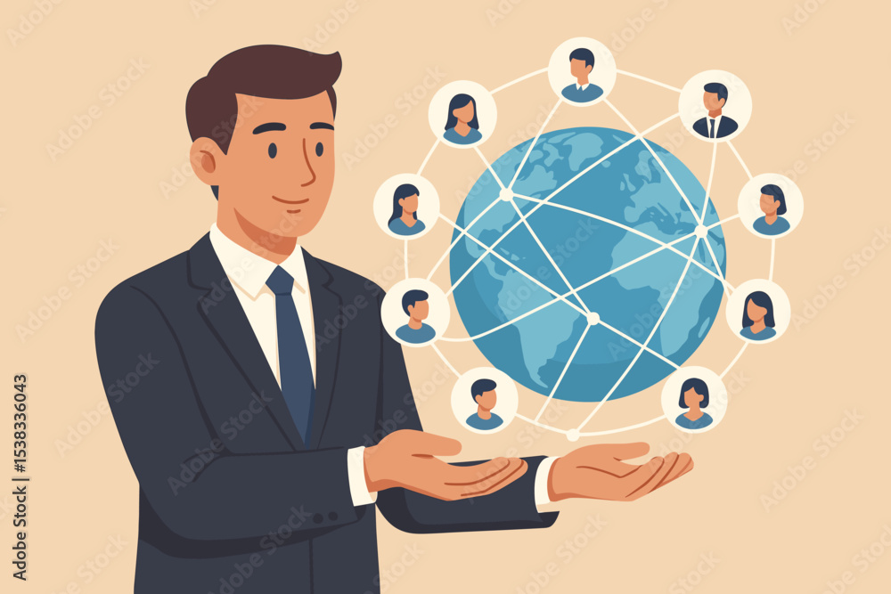 Businessman managing a global customer network. CRM concept. International business connection and teamwork. Social media marketing strategy with people avatars around a globe. Businessman managing a global customer network. CRM concept. International business connection and teamwork. Social media marketing strategy with people avatars around a globe.