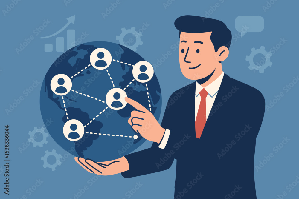 Businessman holding a globe with a global customer network. Concept of international business, CRM, marketing strategy, social media connection, and worldwide communication growth. Businessman holding a globe with a global customer network. Concept of international business, CRM, marketing strategy, social media connection, and worldwide communication growth.