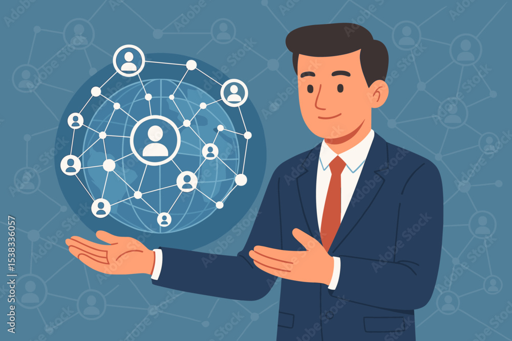 Global customer network concept with businessman presenting. Worldwide business connections and communication technology. Social media marketing, CRM, and international partnership. Global customer network concept with businessman presenting. Worldwide business connections and communication technology. Social media marketing, CRM, and international partnership.