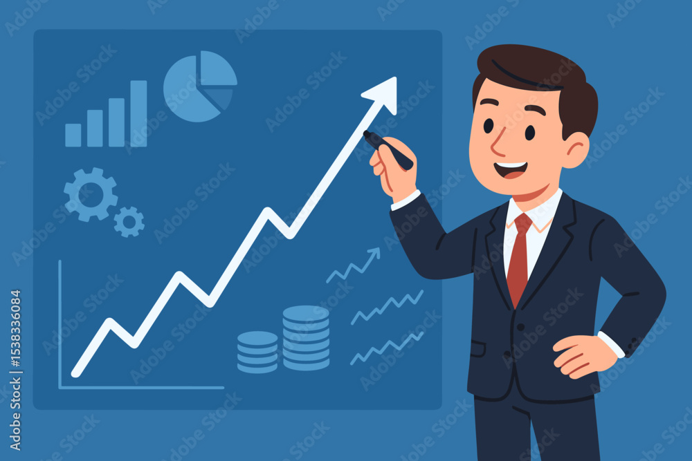 Businessman drawing a growth chart arrow, presenting a financial success strategy. Concept of corporate analysis, profit increase, market data report, and investment statistics. Businessman drawing a growth chart arrow, presenting a financial success strategy. Concept of corporate analysis, profit increase, market data report, and investment statistics.