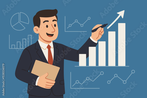 Businessman presenting business growth on a bar chart with a rising arrow. Manager analyzing financial data and sales statistics for success. Market analysis and profit concept.