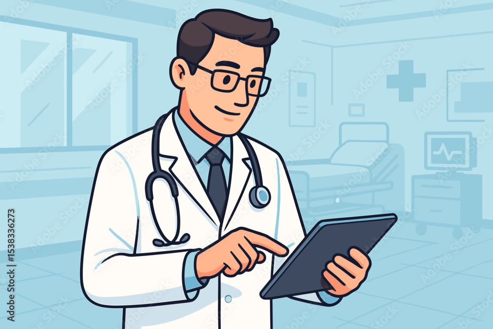 Doctor using digital tablet in hospital. Healthcare technology concept. Physician with stethoscope checking electronic health records. Telemedicine, e-health, modern medicine vector. Doctor using digital tablet in hospital. Healthcare technology concept. Physician with stethoscope checking electronic health records. Telemedicine, e-health, modern medicine vector.
