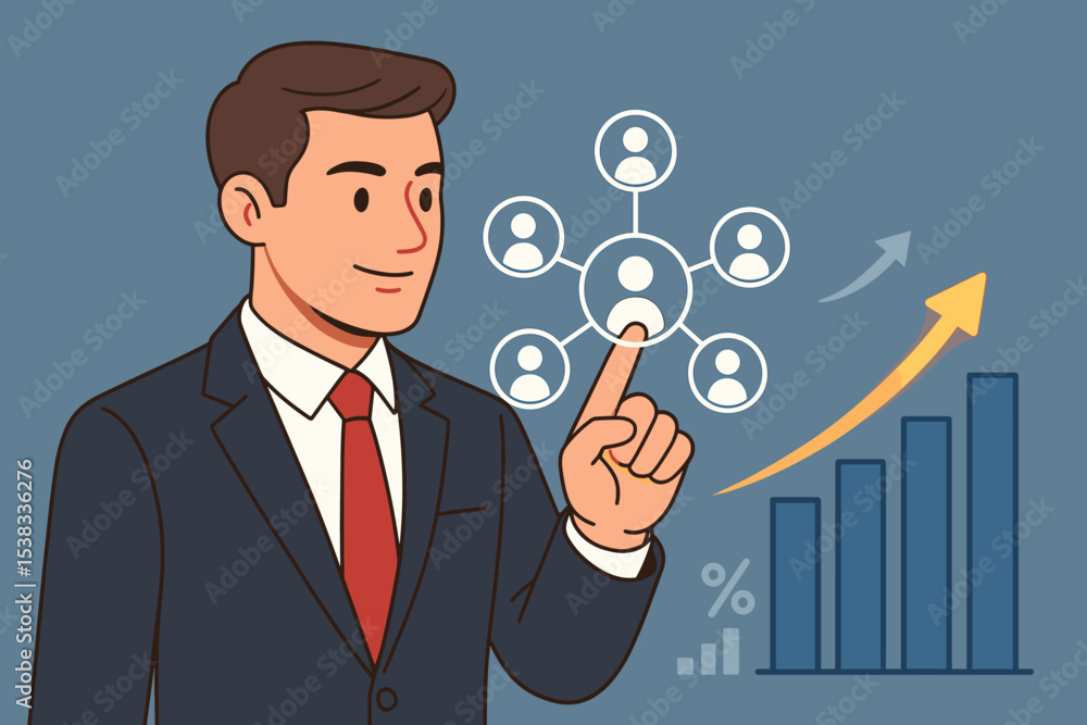 Business growth strategy with manager pointing at network diagram. Concept of human resources, team building, corporate organization, and financial success. Vector illustration. Business growth strategy with manager pointing at network diagram. Concept of human resources, team building, corporate organization, and financial success. Vector illustration.