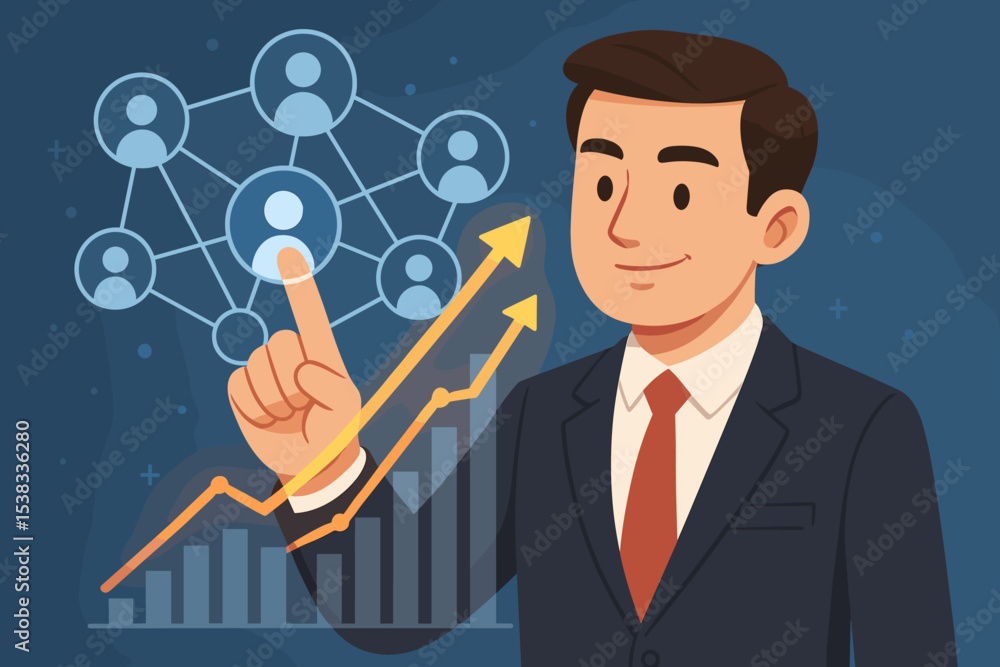 Businessman planning growth strategy. Manager pointing at virtual interface with chart, arrow and network. Concept of success, data analysis, HR, CRM and corporate development. Businessman planning growth strategy. Manager pointing at virtual interface with chart, arrow and network. Concept of success, data analysis, HR, CRM and corporate development.