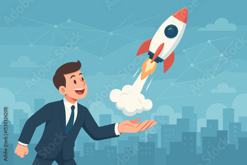 Businessman launching a rocket into the sky. Startup business concept for success and growth. Project launch, innovation, and career boost metaphor. Entrepreneurship ambition vector.