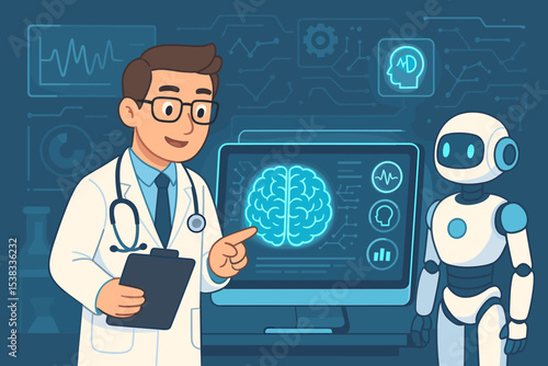 AI powered brain diagnosis with doctor and robot. Neurologist analyzes brain scan on computer. Futuristic medical technology, healthcare and artificial intelligence concept vector.