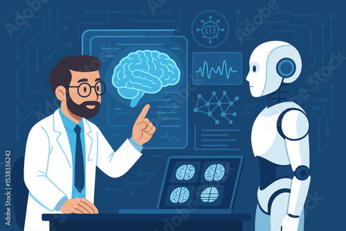 AI in medicine concept. Doctor teaches robot about human brain analysis. Scientist and android collaborating in neurology research with futuristic digital interface and MRI scans.