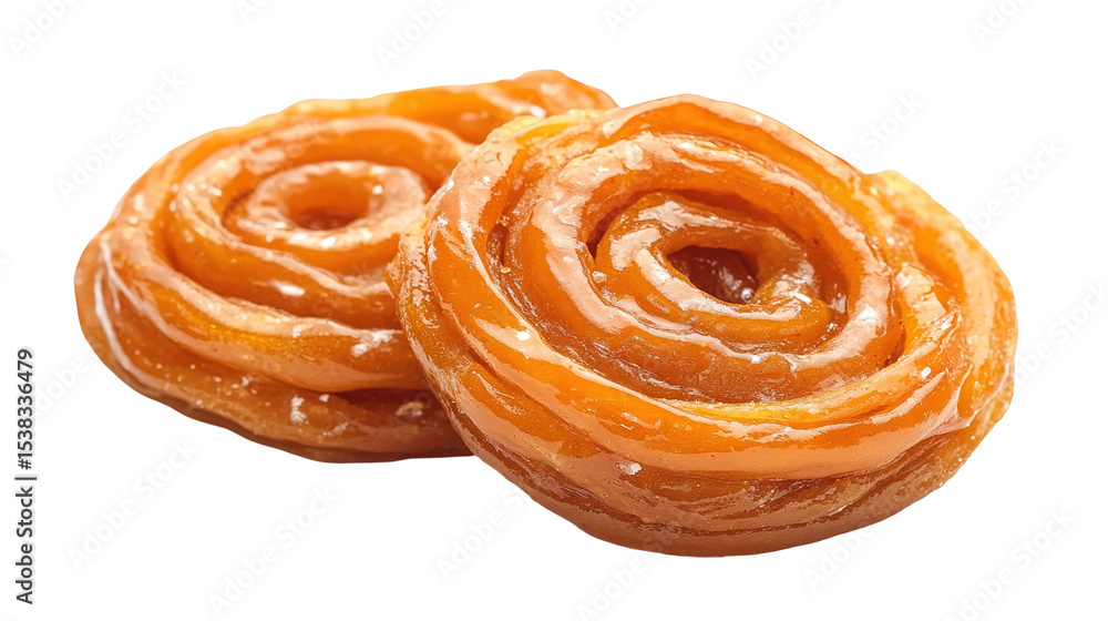 Fototapeta premium Top view of an extremely perfect looking Jalebi in a dark plate isolated on a white transparent background