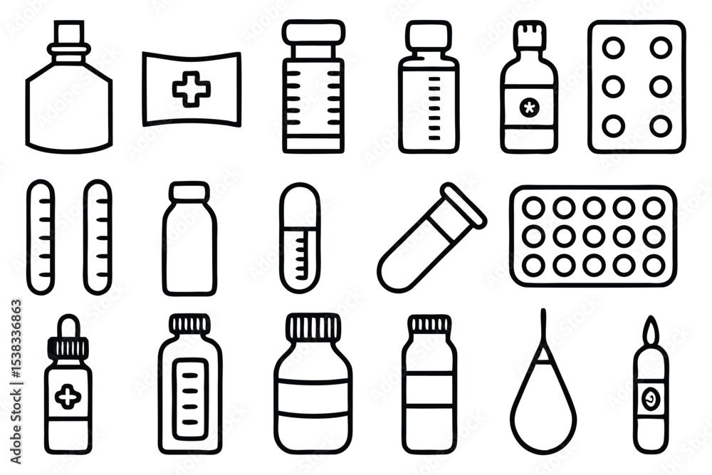 Set of medical icons in outline style depicting pharmaceuticals pills medicine and healthcare elements Set of medical icons in outline style depicting pharmaceuticals pills medicine and healthcare elements