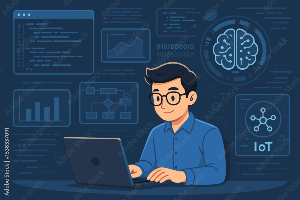 Man programmer working on laptop with futuristic dashboard. Data analysis, AI, and IoT concept. Developer coding, analyzing charts and flowcharts for business intelligence. Man programmer working on laptop with futuristic dashboard. Data analysis, AI, and IoT concept. Developer coding, analyzing charts and flowcharts for business intelligence.
