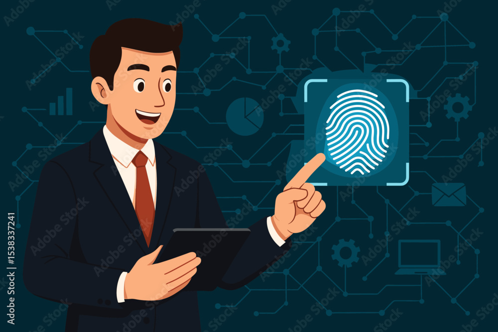 Businessman pointing at fingerprint scanner. Biometric authentication for digital security and data protection. Cybersecurity concept with identity verification and access unlock. Businessman pointing at fingerprint scanner. Biometric authentication for digital security and data protection. Cybersecurity concept with identity verification and access unlock.