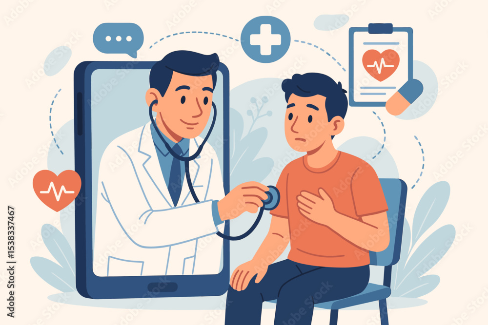 Telemedicine concept with online doctor examining patient through smartphone. Virtual health consultation, remote medical service, and digital healthcare flat vector illustration. Telemedicine concept with online doctor examining patient through smartphone. Virtual health consultation, remote medical service, and digital healthcare flat vector illustration.