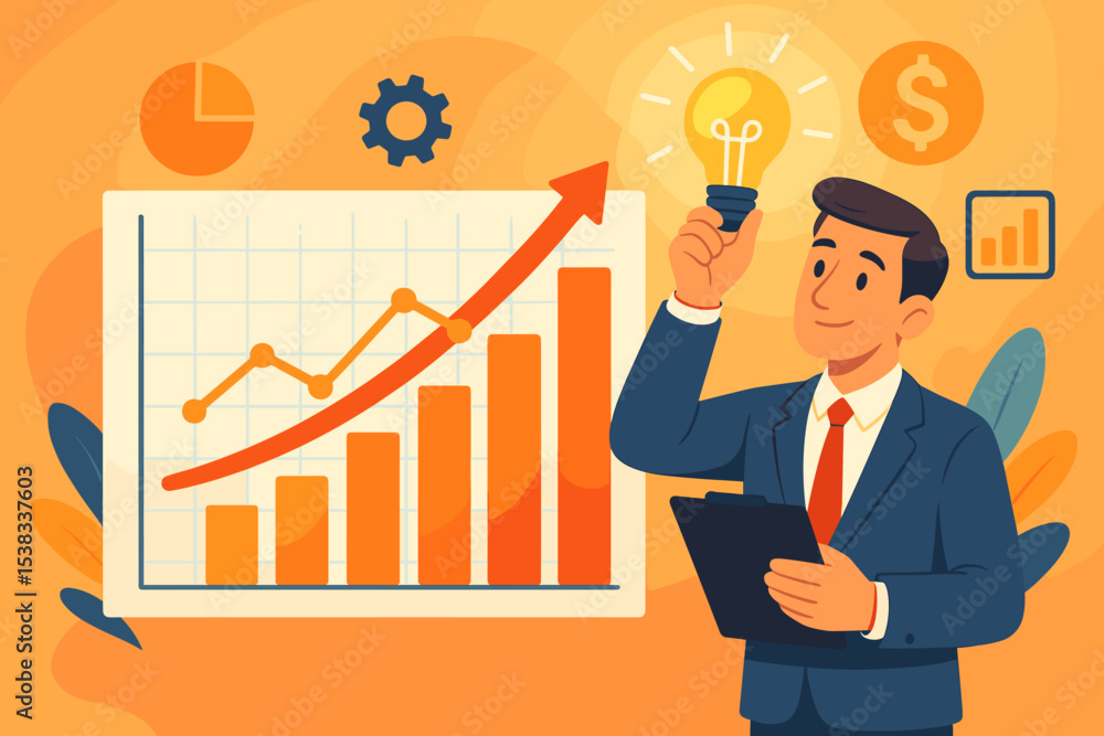Business growth concept with entrepreneur holding lightbulb idea. Manager analyzing financial report, chart with arrow up. Success, innovation, profit and investment strategy. Business growth concept with entrepreneur holding lightbulb idea. Manager analyzing financial report, chart with arrow up. Success, innovation, profit and investment strategy.