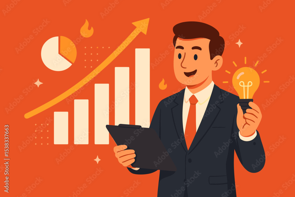 Businessman with a lightbulb idea for business growth. Financial success concept with an upward chart and graph. Corporate strategy, innovation, and profit analysis vector illustration. Businessman with a lightbulb idea for business growth. Financial success concept with an upward chart and graph. Corporate strategy, innovation, and profit analysis vector illustration.