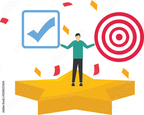 Professional at work, excellent employee, business guru or expert concept, Businessman celebrating job completion with perfect feedback following expected target. stock illustration

