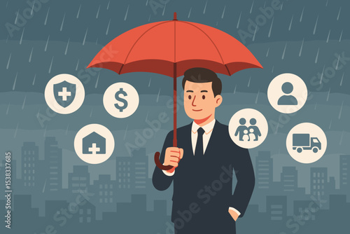 Insurance concept metaphor. Businessman holding red umbrella for protection from risk. Financial security and risk management with health, life, home, and car insurance icons.