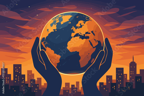 Hands holding Earth over city skyline at sunset. Concept of environmental protection, global responsibility, and sustainable future. Humanity caring for the planet illustration.