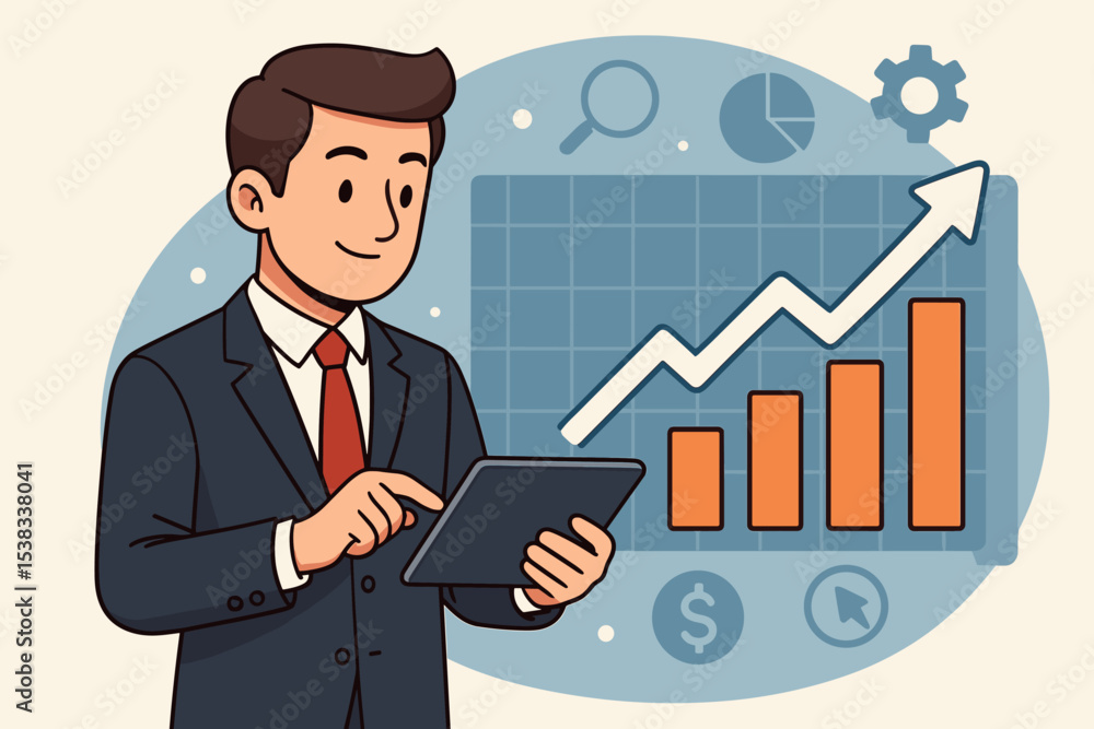 Businessman with tablet analyzes financial growth graph. Data analytics and business intelligence concept. Digital marketing report. Corporate strategy success, stock market vector. Businessman with tablet analyzes financial growth graph. Data analytics and business intelligence concept. Digital marketing report. Corporate strategy success, stock market vector.