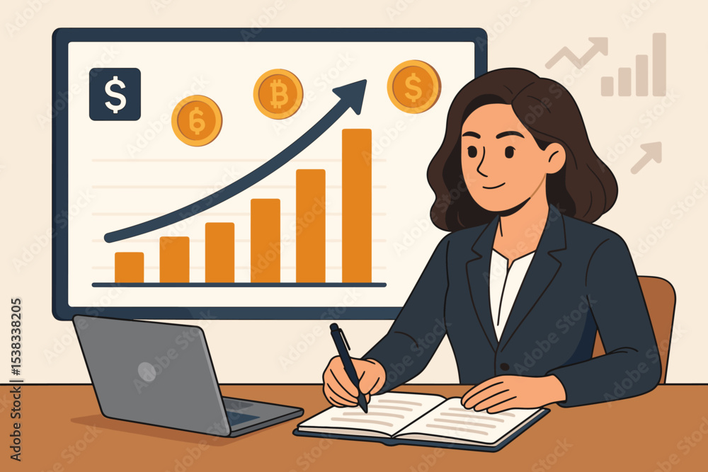 Business growth analysis with businesswoman at desk. Financial advisor studying stock market chart, crypto investment. Corporate success, profit strategy, data visualization concept. Business growth analysis with businesswoman at desk. Financial advisor studying stock market chart, crypto investment. Corporate success, profit strategy, data visualization concept.