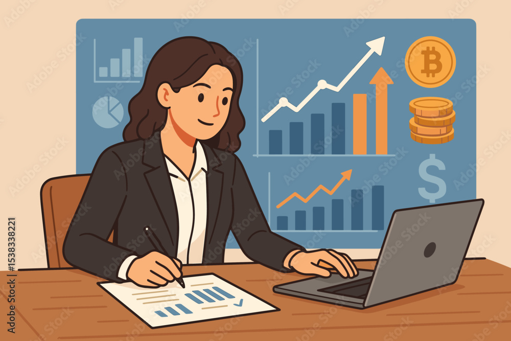 Businesswoman analyzing financial data for business growth. Investment strategy concept with charts and graphs. Stock market and cryptocurrency trading with bitcoin and dollar. Businesswoman analyzing financial data for business growth. Investment strategy concept with charts and graphs. Stock market and cryptocurrency trading with bitcoin and dollar.
