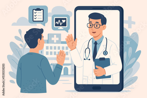 Online doctor consultation and telehealth service concept. Patient talking to physician on a smartphone. Virtual healthcare, remote medical care, digital health technology vector.