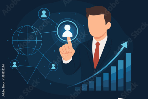 Global business network concept. Businessman touching digital interface with user icons and globe. Technology, corporate strategy, data analysis, and financial growth chart illustration.