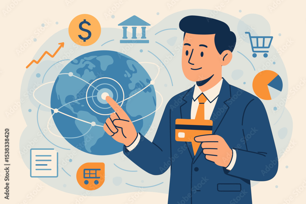 Businessman with credit card making global online payments. Concept of fintech, e-commerce, and international digital transactions. Financial technology and world economy illustration. Businessman with credit card making global online payments. Concept of fintech, e-commerce, and international digital transactions. Financial technology and world economy illustration.