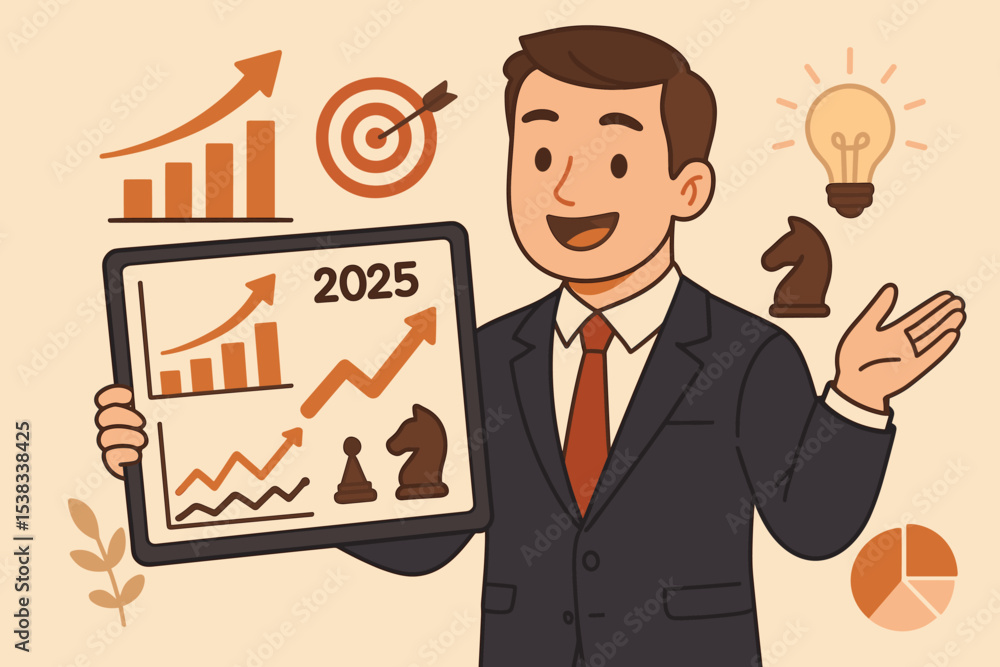 Businessman presenting 2025 business strategy for corporate growth. Concept of future goal setting, data analysis, and financial success. Manager with chart, target, idea and chess tactic. Businessman presenting 2025 business strategy for corporate growth. Concept of future goal setting, data analysis, and financial success. Manager with chart, target, idea and chess tactic.