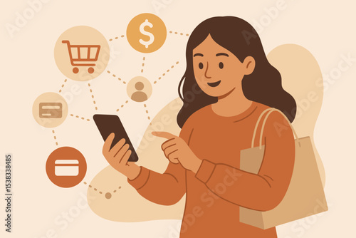 Woman shops online using a smartphone app. E-commerce and mobile payment concept. Customer making a digital purchase with a credit card. Retail technology and consumerism vector